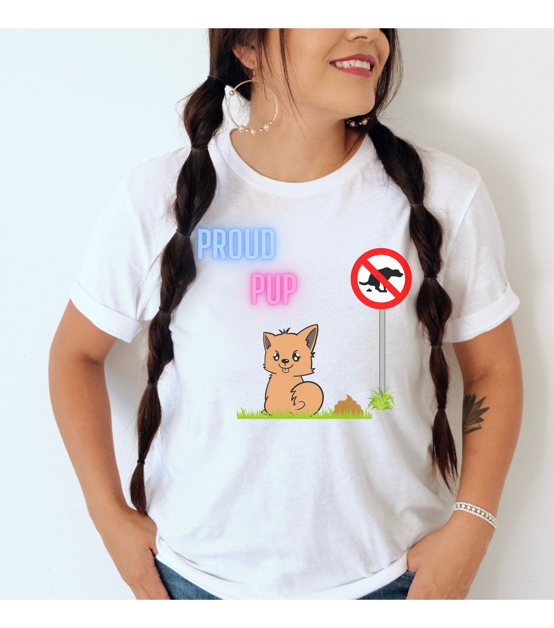 Proud Pup Tee  in white. Dog did its business under a no pooping sign.