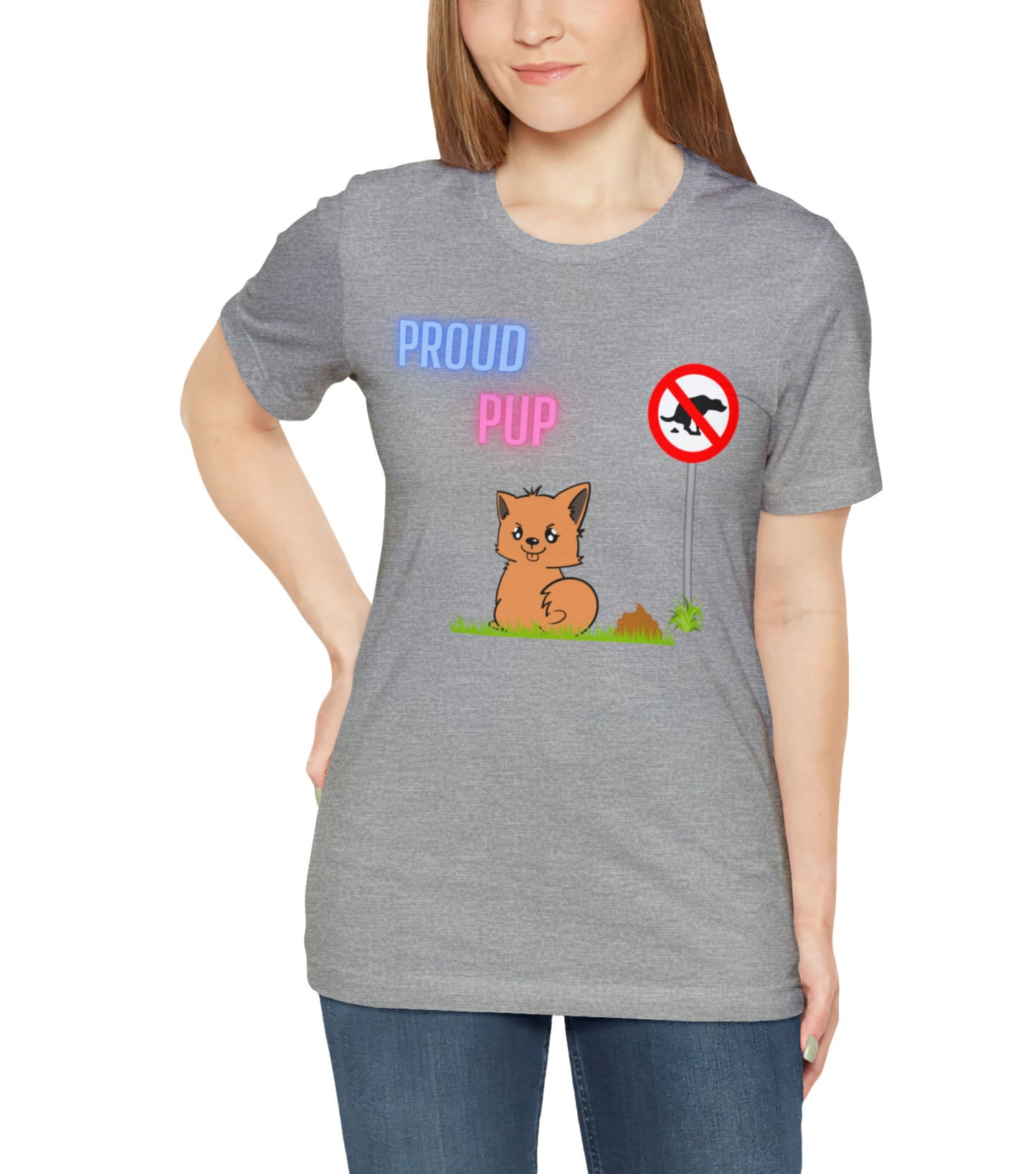 Proud Pup Tee  in cream. Dog did its business under a no pooping sign.