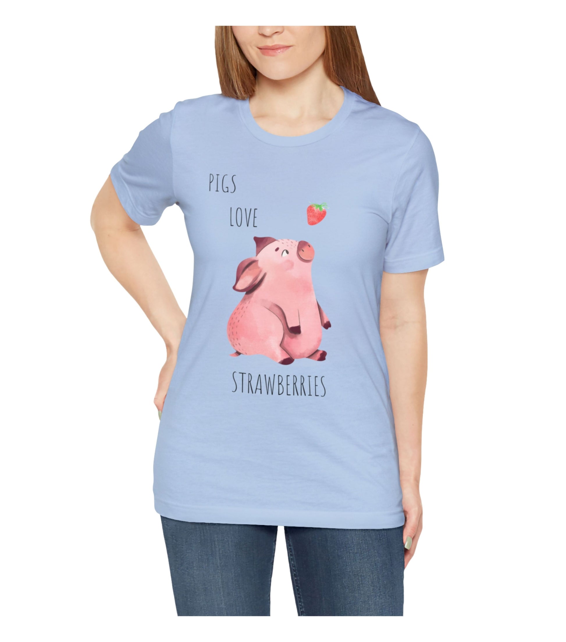 Pigs Love Strawberries tee in baby blue